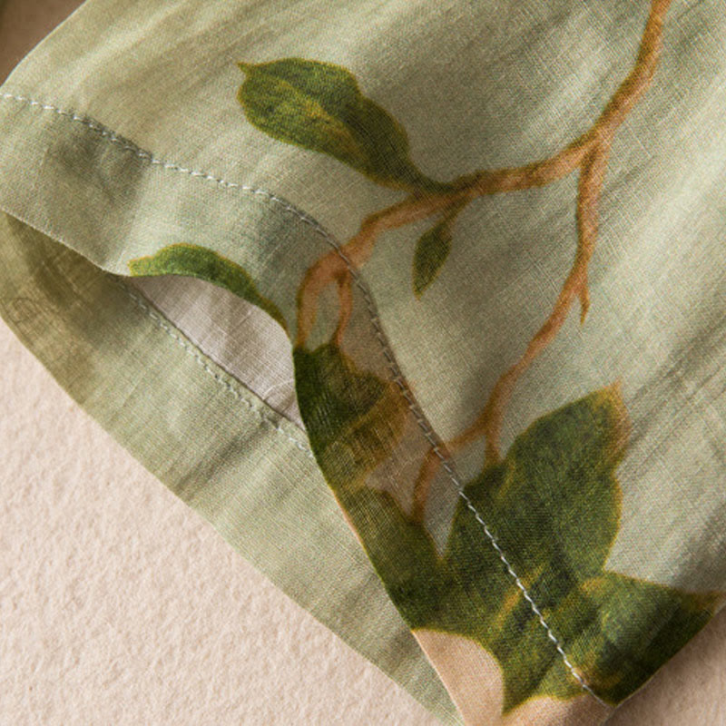 Chemise à manches longues en coton et lin pour femme, cardigan Buddha Stones , vert clair, imprimé artistique, motif floral, grenouille chinoise, boutons - image 12