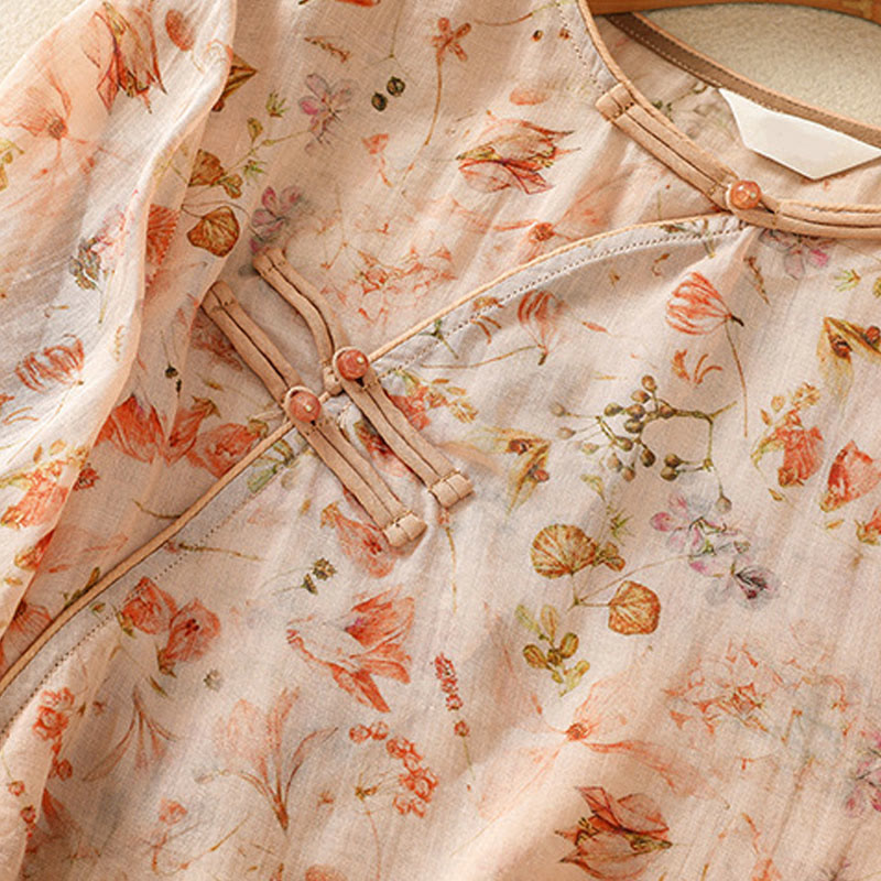 Chemise d'été décontractée à manches longues en coton et lin pour femme, avec imprimé Buddha Stones et boutons grenouille