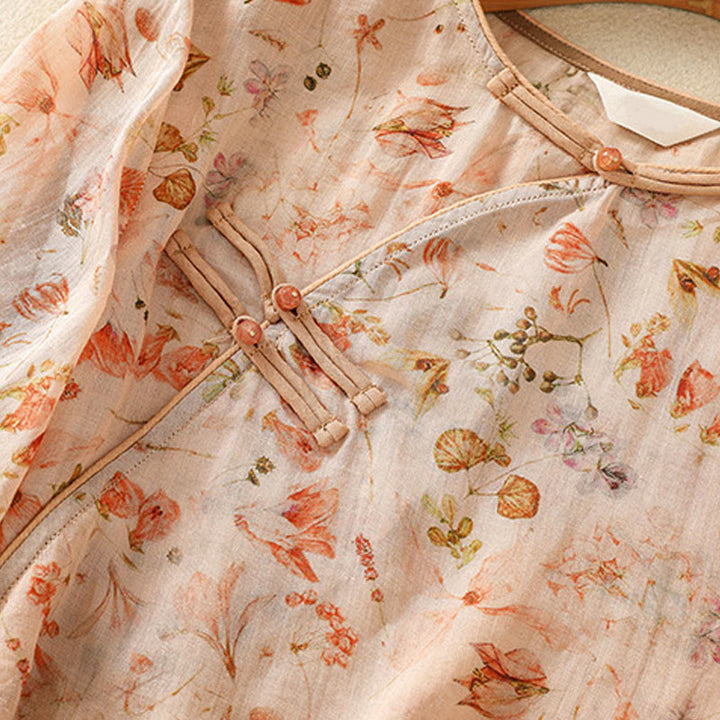 Chemise d'été décontractée à manches longues en coton et lin pour femme, avec imprimé Buddha Stones et boutons grenouille
