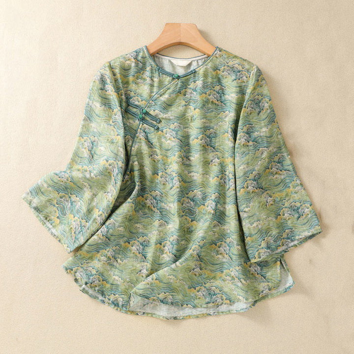 Chemise d'été décontractée à manches longues en coton et lin pour femme, avec imprimé Buddha Stones et boutons grenouille