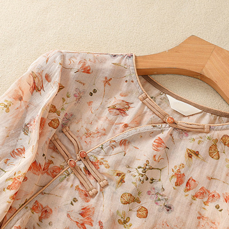 Chemise d'été décontractée à manches longues en coton et lin pour femme, avec imprimé Buddha Stones et boutons grenouille