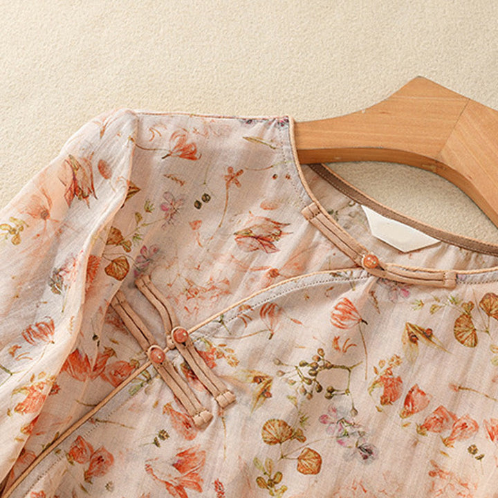 Chemise d'été décontractée à manches longues en coton et lin pour femme, avec imprimé Buddha Stones et boutons grenouille