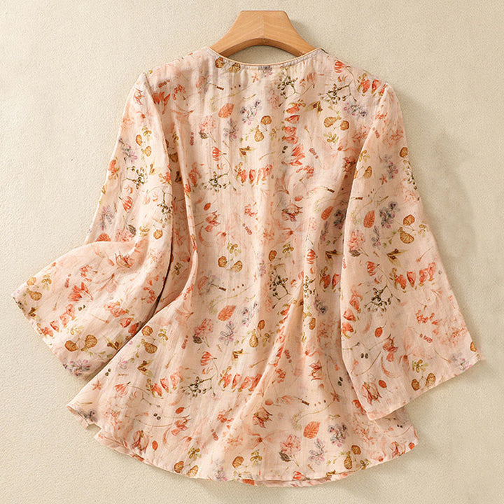 Chemise d'été décontractée à manches longues en coton et lin pour femme, avec imprimé Buddha Stones et boutons grenouille - image 1