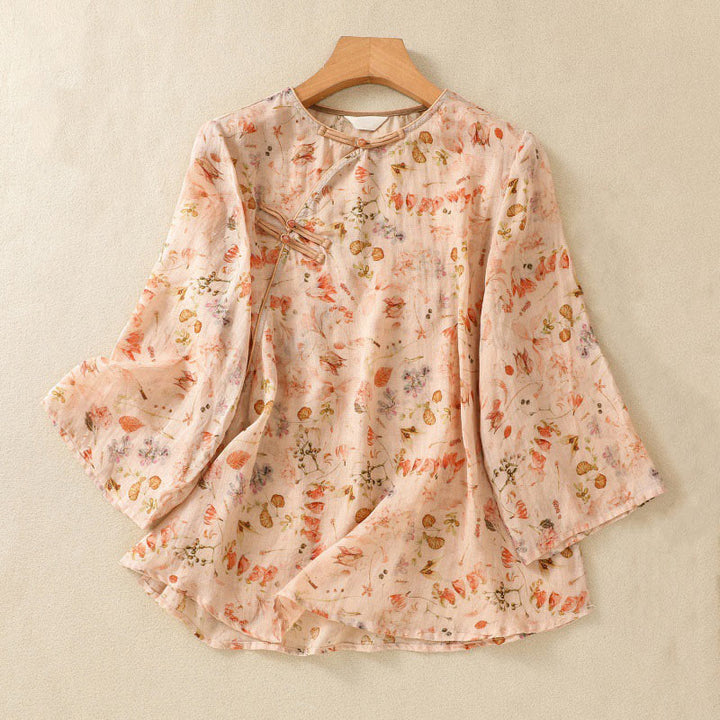 Chemise d'été décontractée à manches longues en coton et lin pour femme, avec imprimé Buddha Stones et boutons grenouille