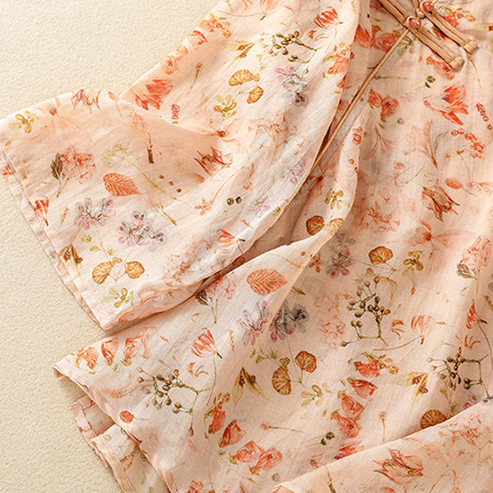 Chemise d'été décontractée à manches longues en coton et lin pour femme, avec imprimé Buddha Stones et boutons grenouille