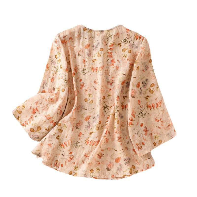Chemise d'été décontractée à manches longues en coton et lin pour femme, avec imprimé Buddha Stones et boutons grenouille