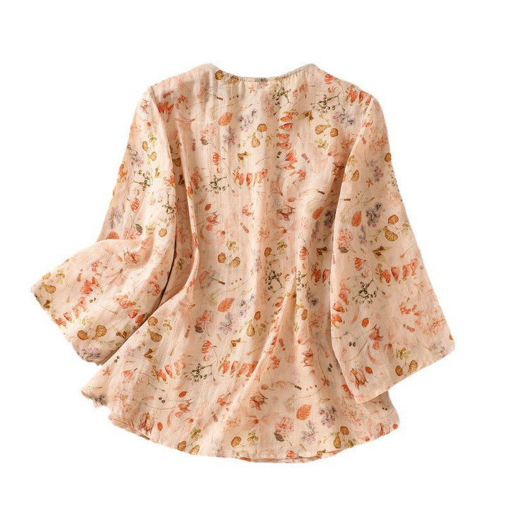 Chemise d'été décontractée à manches longues en coton et lin pour femme, avec imprimé Buddha Stones et boutons grenouille