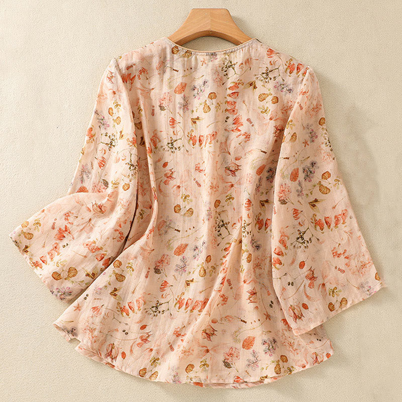 Chemise d'été décontractée à manches longues en coton et lin pour femme, avec imprimé Buddha Stones et boutons grenouille