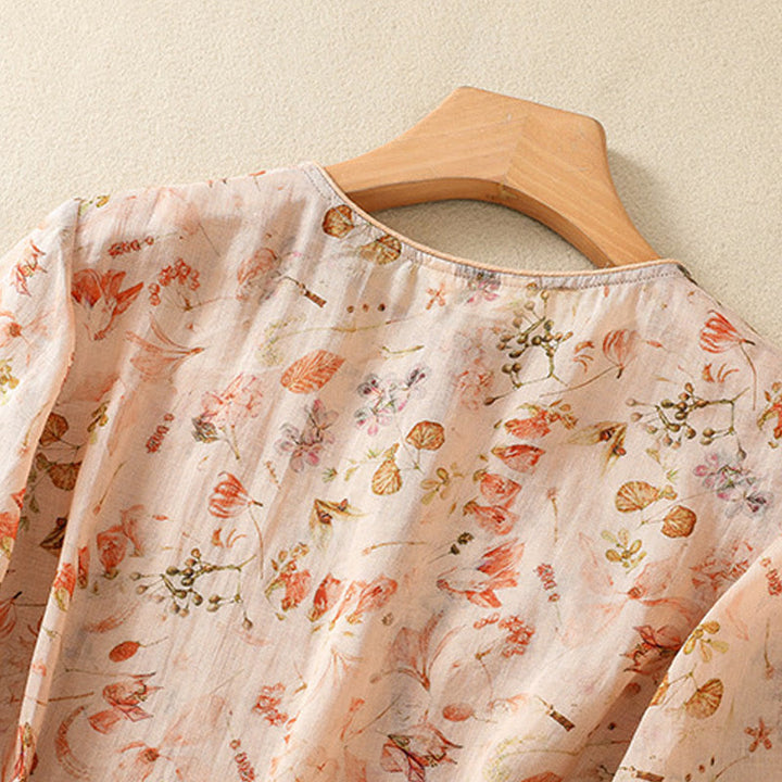 Chemise d'été décontractée à manches longues en coton et lin pour femme, avec imprimé Buddha Stones et boutons grenouille
