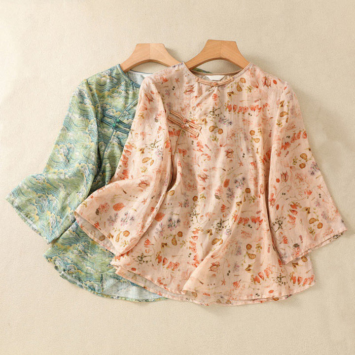Chemise d'été décontractée à manches longues en coton et lin pour femme, avec imprimé Buddha Stones et boutons grenouille