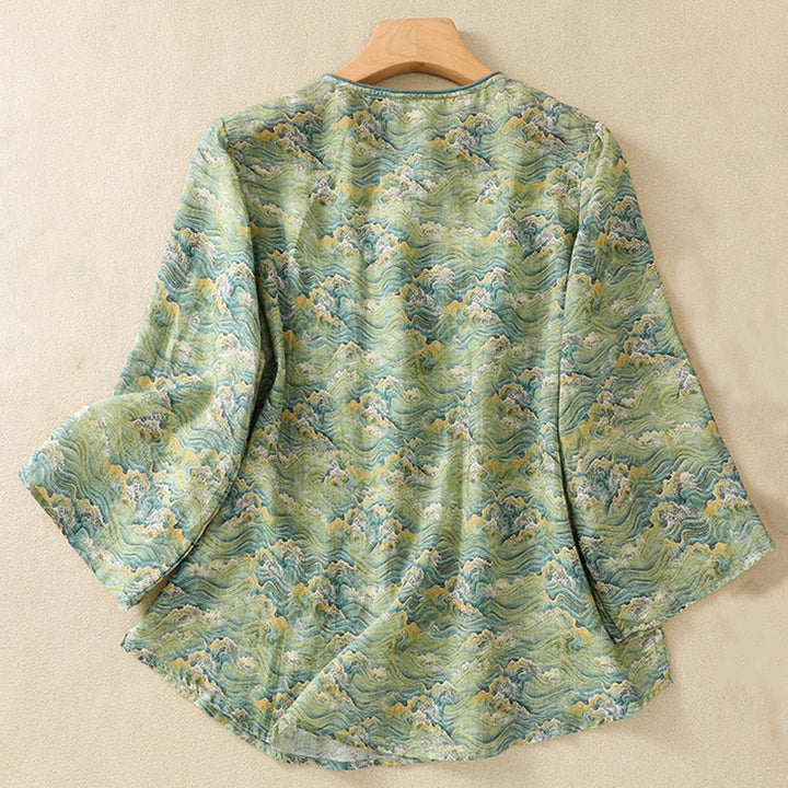 Chemise d'été décontractée à manches longues en coton et lin pour femme, avec imprimé Buddha Stones et boutons grenouille