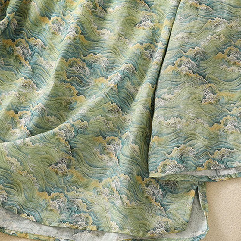 Chemise d'été décontractée à manches longues en coton et lin pour femme, avec imprimé Buddha Stones et boutons grenouille