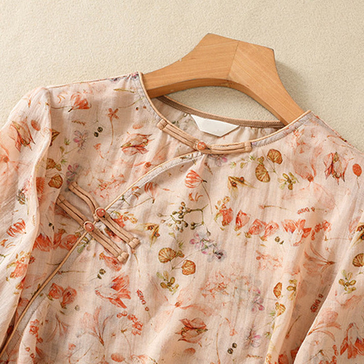 Chemise d'été décontractée à manches longues en coton et lin pour femme, avec imprimé Buddha Stones et boutons grenouille