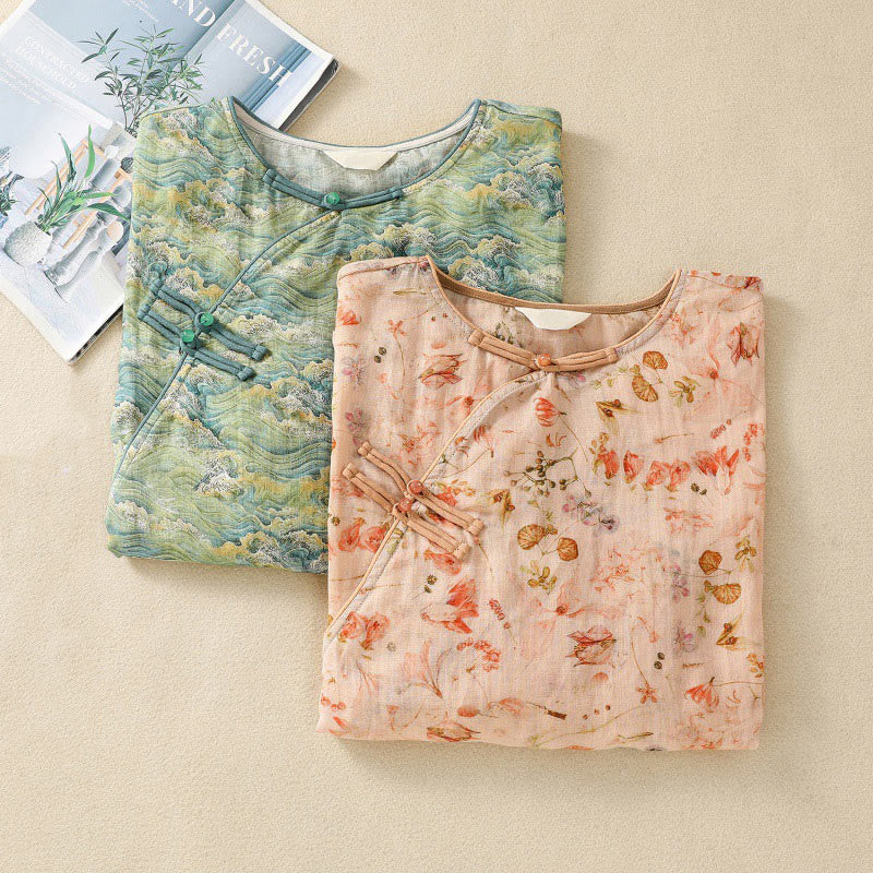 Chemise d'été décontractée à manches longues en coton et lin pour femme, avec imprimé Buddha Stones et boutons grenouille