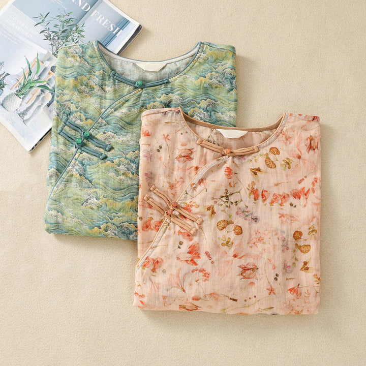Chemise d'été décontractée à manches longues en coton et lin pour femme, avec imprimé Buddha Stones et boutons grenouille