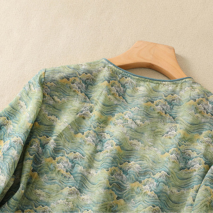 Chemise d'été décontractée à manches longues en coton et lin pour femme, avec imprimé Buddha Stones et boutons grenouille