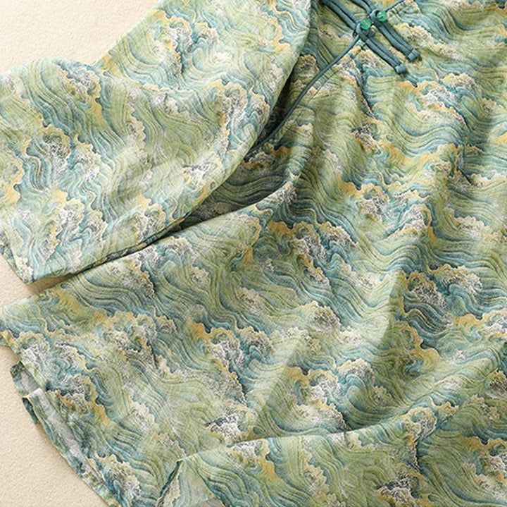 Chemise d'été décontractée à manches longues en coton et lin pour femme, avec imprimé Buddha Stones et boutons grenouille