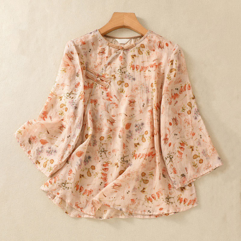 Chemise d'été décontractée à manches longues en coton et lin pour femme, avec imprimé Buddha Stones et boutons grenouille - NavajoBlanc - US8-10，UK/AU12-14，EU40-42 (2XL) - image 0