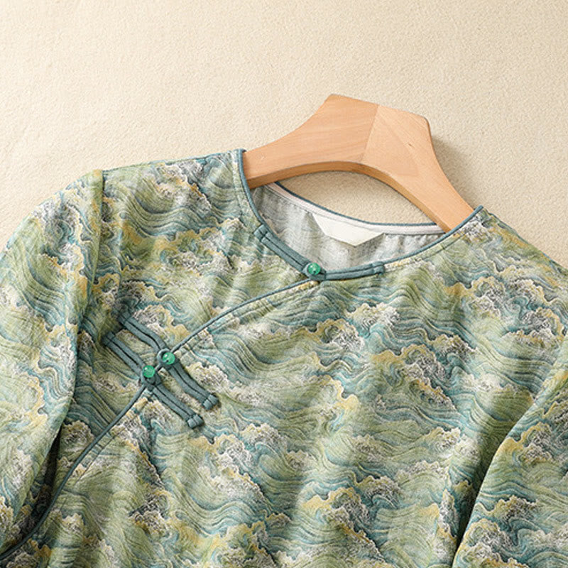 Chemise d'été décontractée à manches longues en coton et lin pour femme, avec imprimé Buddha Stones et boutons grenouille