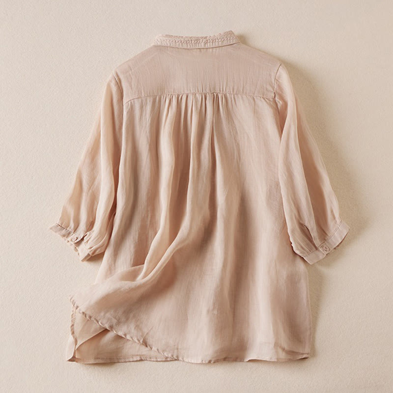 Chemise d'été décontractée à manches mi-longues en coton et lin pour femme, motif Buddha Stones, style vintage, couleur pure, avec boutons brodés - image 1