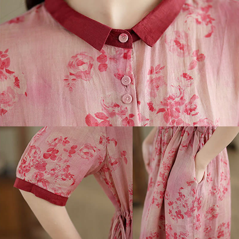 Robe mi-longue en coton à manches mi-longues et poches, motif floral rétro imprimé Buddha Stones, cordon de serrage - image 5