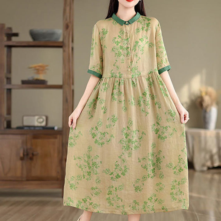 Robe mi-longue en coton à manches mi-longues et poches, motif floral rétro imprimé Buddha Stones, cordon de serrage - image 18