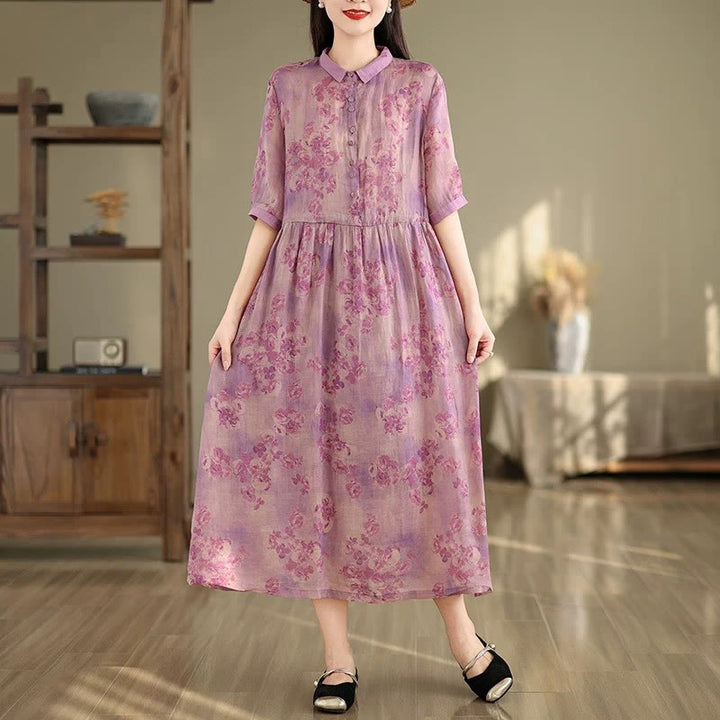 Robe mi-longue en coton à manches mi-longues et poches, motif floral rétro imprimé Buddha Stones, cordon de serrage - Magenta - US8-10，UK/AU12-14，EU40-42 (2XL) - image 12