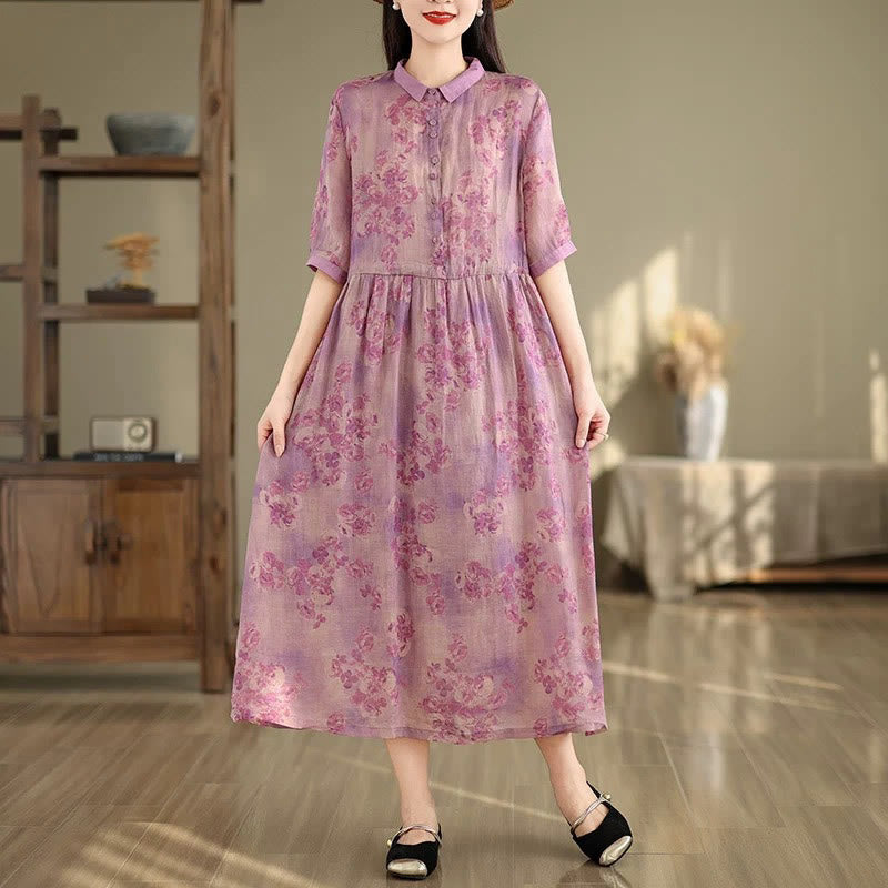 Robe mi-longue en coton à manches mi-longues et poches, motif floral rétro imprimé Buddha Stones, cordon de serrage - Magenta - US8-10，UK/AU12-14，EU40-42 (2XL) - image 12