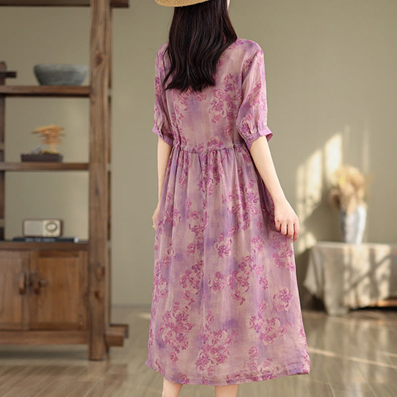 Robe mi-longue en coton à manches mi-longues et poches, motif floral rétro imprimé Buddha Stones, cordon de serrage - image 15