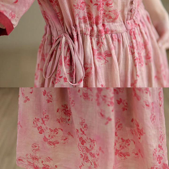 Robe mi-longue en coton à manches mi-longues et poches, motif floral rétro imprimé Buddha Stones, cordon de serrage - image 6