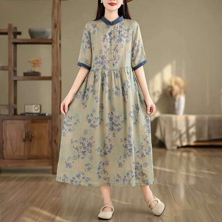 Robe mi-longue en coton à manches mi-longues et poches, motif floral rétro imprimé Buddha Stones, cordon de serrage - Bleu ardoise foncé - US8-10，UK/AU12-14，EU40-42 (2XL) - image 8