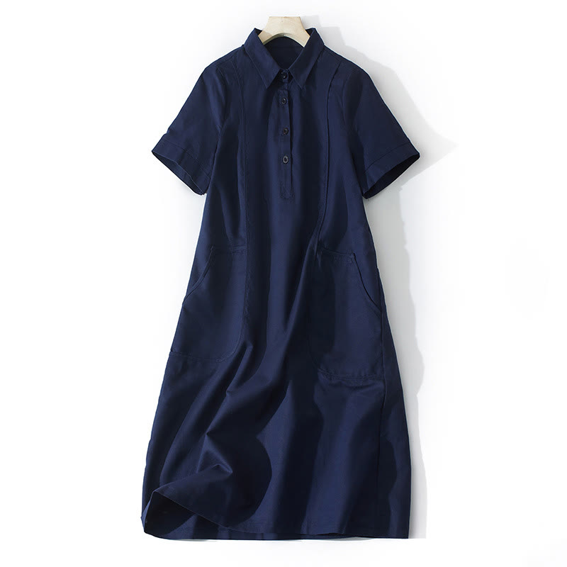 Robe mi-longue d'été rétro en coton à manches courtes et poches, motif Buddha Stones, couleur unie, boutons - Bleu nuit - US8-10，UK/AU12-14，EU40-42 (2XL) - image 16