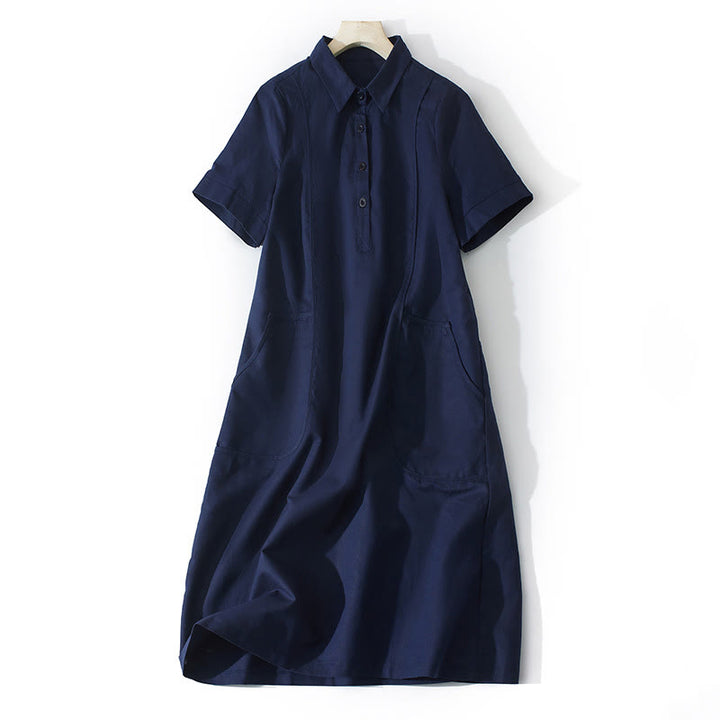 Robe mi-longue d'été rétro en coton à manches courtes et poches, motif Buddha Stones, couleur unie, boutons - Bleu nuit - US8-10，UK/AU12-14，EU40-42 (2XL) - image 16