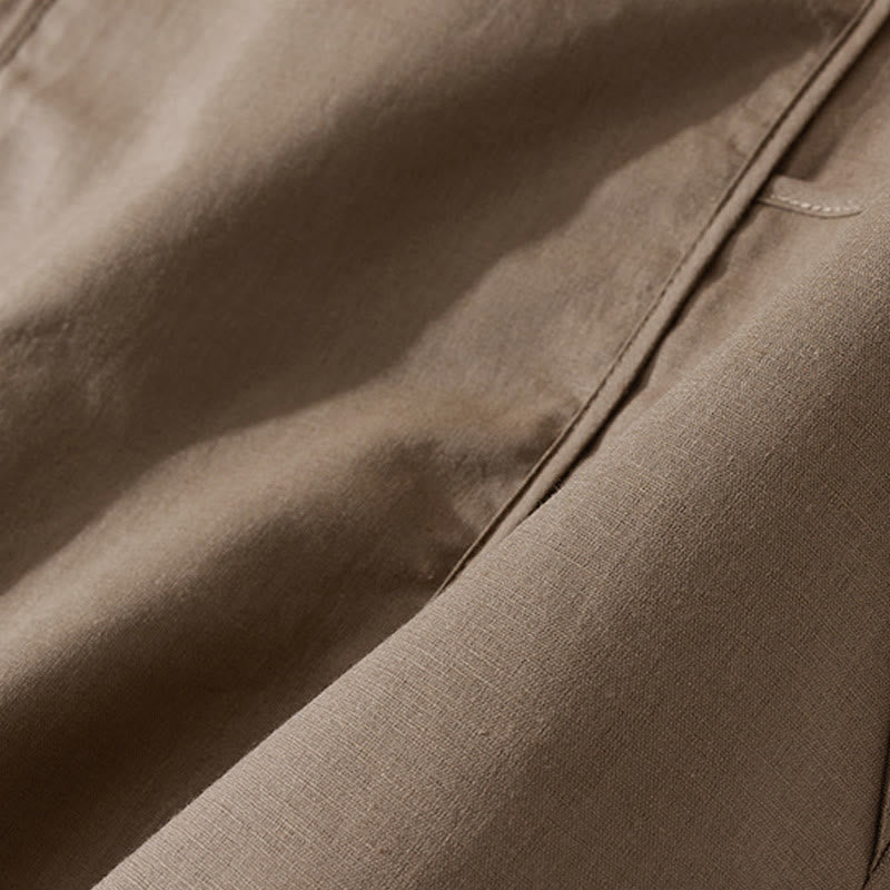 Robe mi-longue d'été rétro en coton à manches courtes et poches, motif Buddha Stones, couleur unie, boutons - image 13