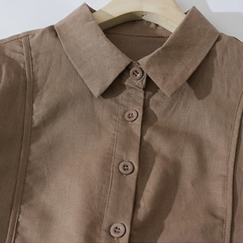 Robe mi-longue d'été rétro en coton à manches courtes et poches, motif Buddha Stones, couleur unie, boutons - image 11