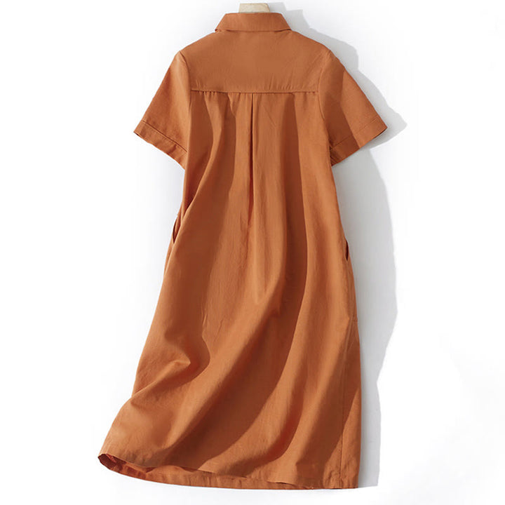 Robe mi-longue d'été rétro en coton à manches courtes et poches, motif Buddha Stones, couleur unie, boutons - image 1