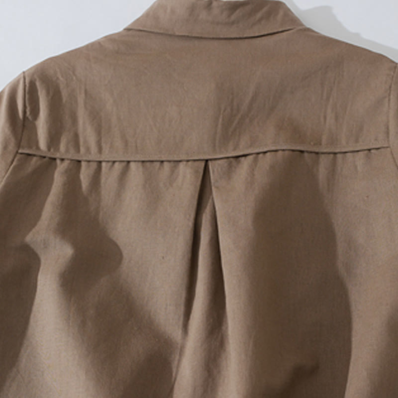 Robe mi-longue d'été rétro en coton à manches courtes et poches, motif Buddha Stones, couleur unie, boutons - image 12