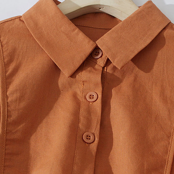 Robe mi-longue d'été rétro en coton à manches courtes et poches, motif Buddha Stones, couleur unie, boutons - image 3