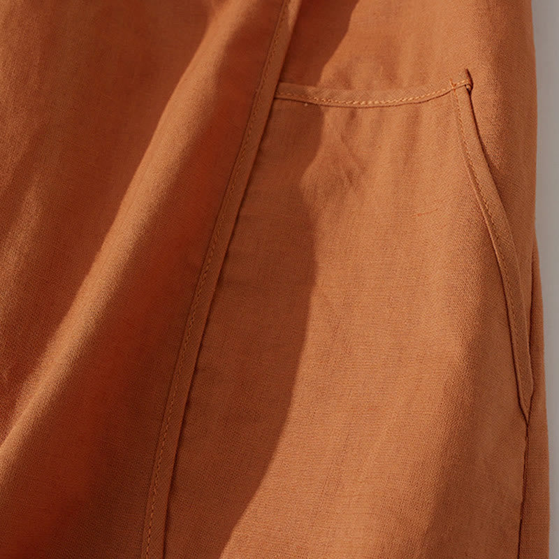 Robe mi-longue d'été rétro en coton à manches courtes et poches, motif Buddha Stones, couleur unie, boutons - image 6