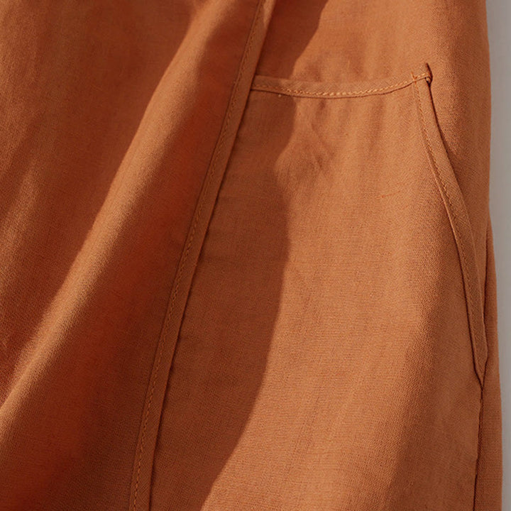 Robe mi-longue d'été rétro en coton à manches courtes et poches, motif Buddha Stones, couleur unie, boutons - image 6