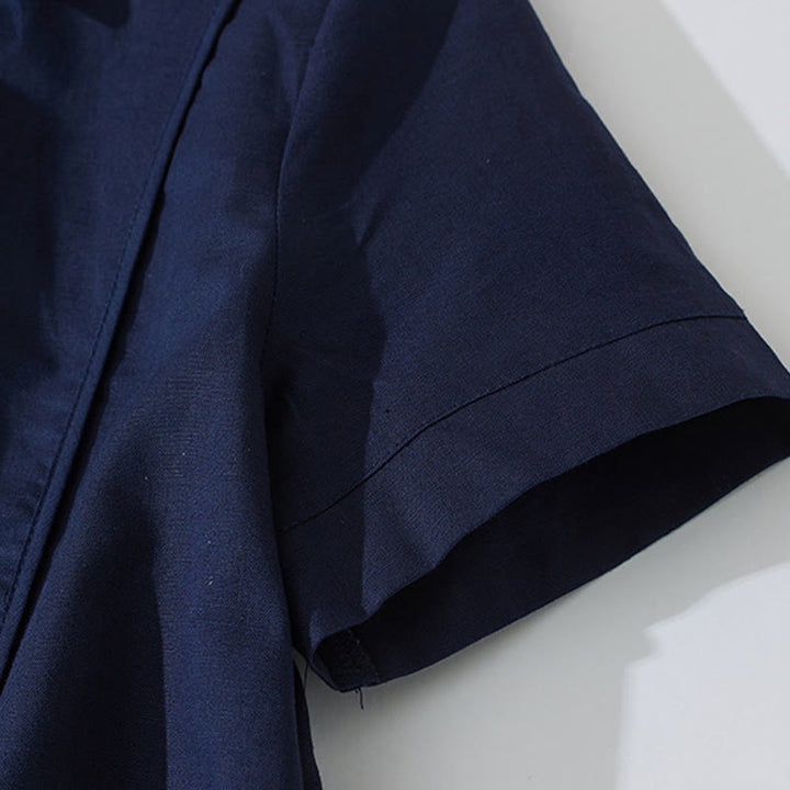 Robe mi-longue d'été rétro en coton à manches courtes et poches, motif Buddha Stones, couleur unie, boutons - image 21