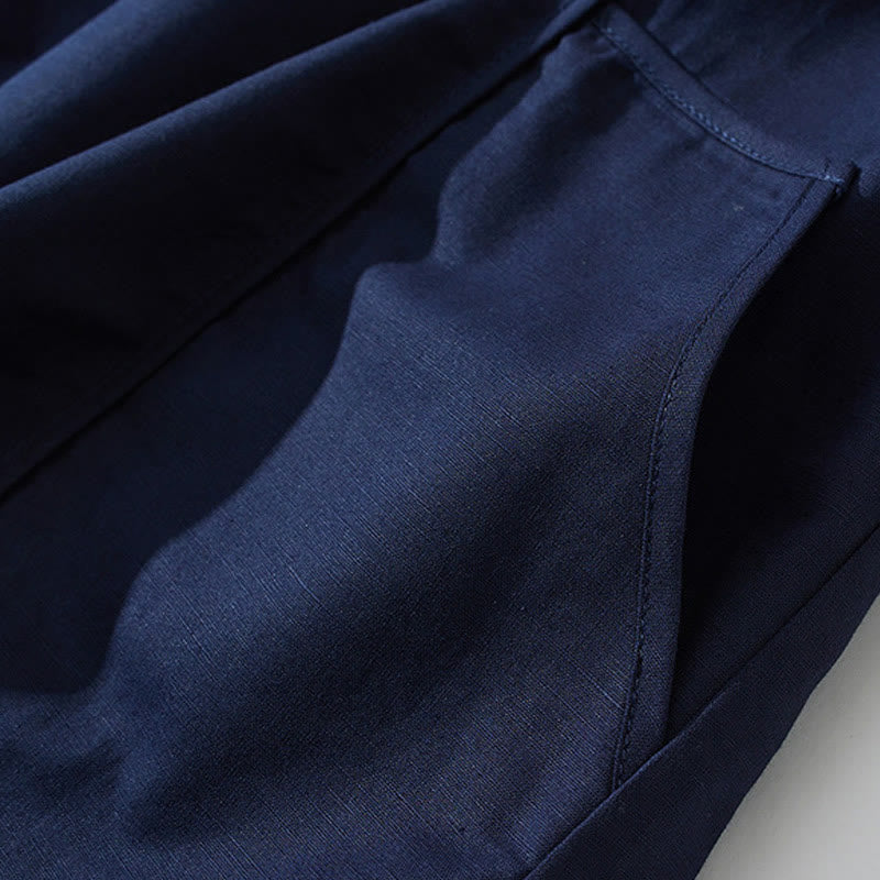 Robe mi-longue d'été rétro en coton à manches courtes et poches, motif Buddha Stones, couleur unie, boutons - image 22