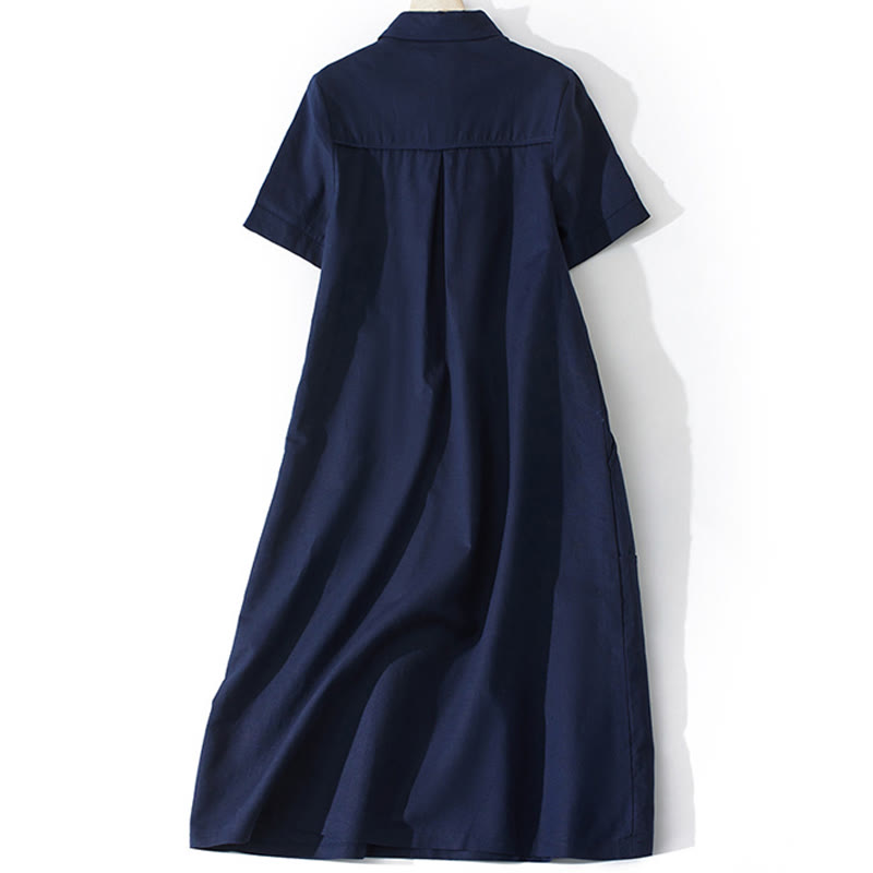 Robe mi-longue d'été rétro en coton à manches courtes et poches, motif Buddha Stones, couleur unie, boutons - image 17