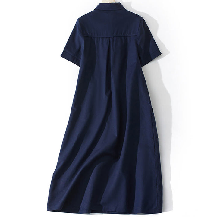 Robe mi-longue d'été rétro en coton à manches courtes et poches, motif Buddha Stones, couleur unie, boutons - image 17