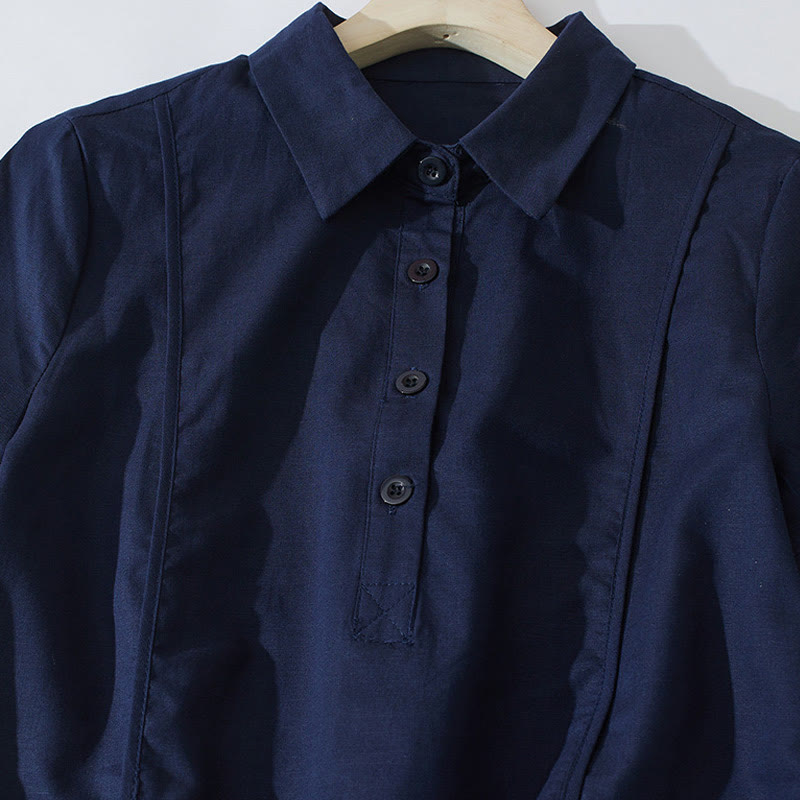 Robe mi-longue d'été rétro en coton à manches courtes et poches, motif Buddha Stones, couleur unie, boutons - image 18