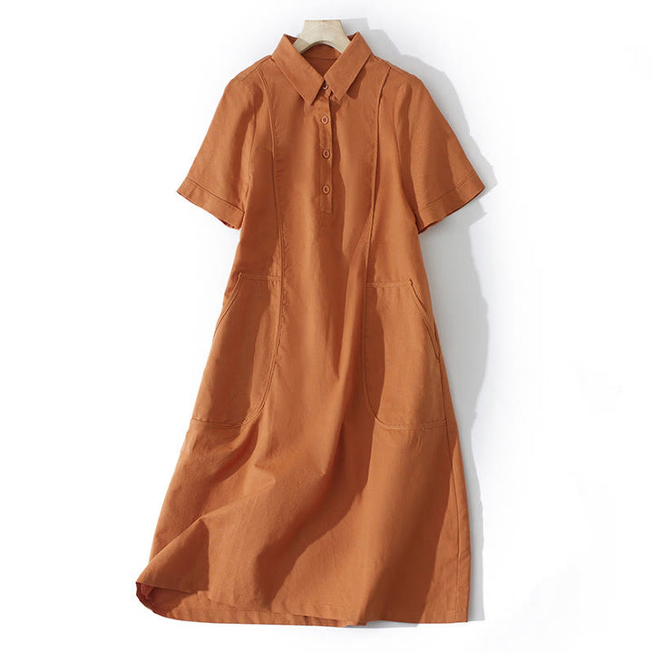 Robe mi-longue d'été rétro en coton à manches courtes et poches, motif Buddha Stones, couleur unie, boutons - Orange foncé - US8-10，UK/AU12-14，EU40-42 (2XL) - image 0