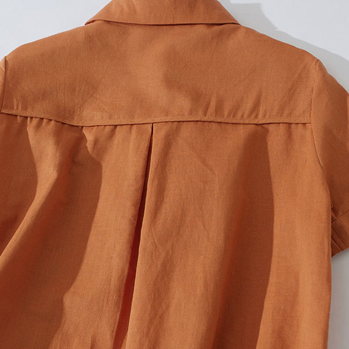 Robe mi-longue d'été rétro en coton à manches courtes et poches, motif Buddha Stones, couleur unie, boutons - image 4