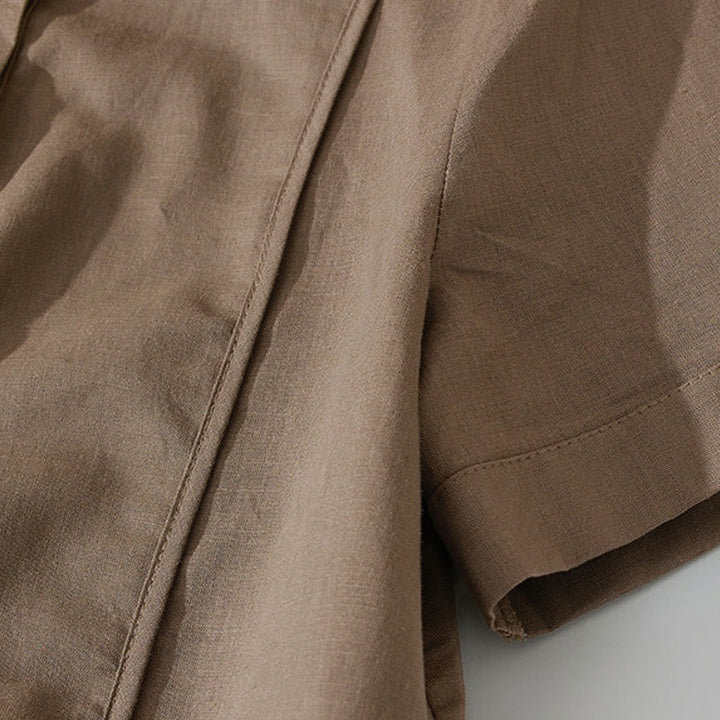 Robe mi-longue d'été rétro en coton à manches courtes et poches, motif Buddha Stones, couleur unie, boutons - image 14