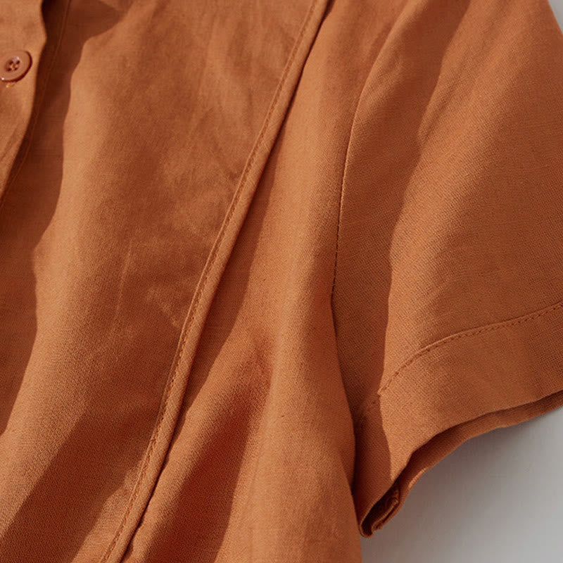 Robe mi-longue d'été rétro en coton à manches courtes et poches, motif Buddha Stones, couleur unie, boutons - image 5