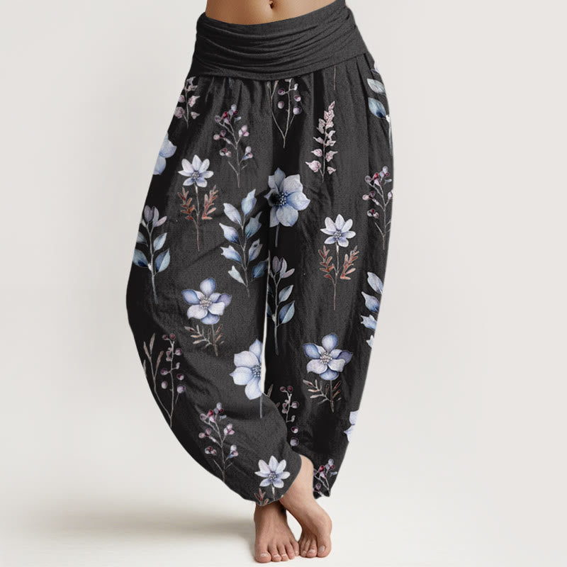 Pantalon sarouel décontracté à taille élastique pour femme, motif floral délicat et feuilles, motif Buddha Stones - Noir - US22，UK/AU26，EU54 (6XL) - image 1